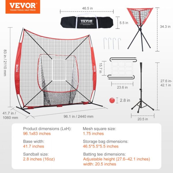 VEVOR baseball softball practice net with accessories and dimensions, including batting tee and storage bag.