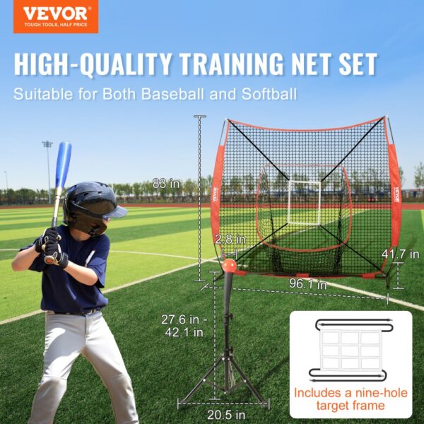 VEVOR baseball practice net set with batting tee and nine-hole target frame on a baseball field.