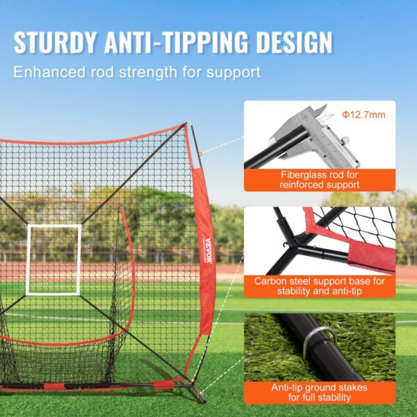 VEVOR baseball practice net with sturdy anti-tipping design, fiberglass rod, carbon steel base, ground stakes.