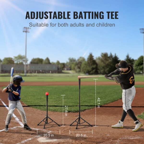 adjustable batting tee for adults and children being used on a baseball field.