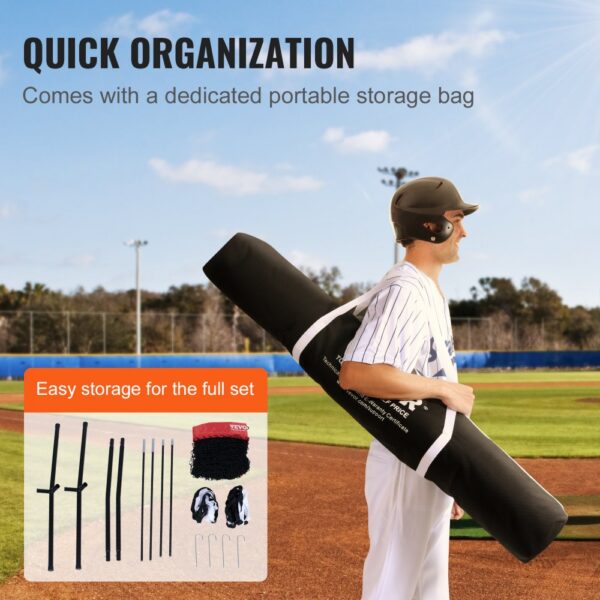 VEVOR baseball practice net with portable storage bag and easy storage components on the field.