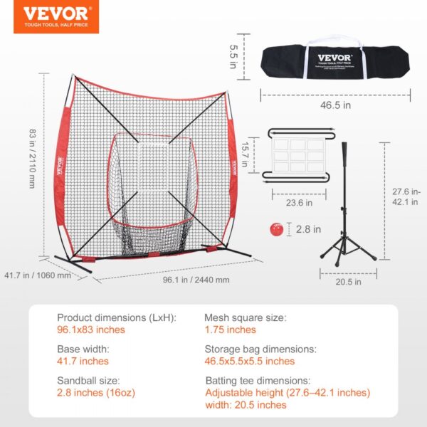 VEVOR baseball practice net with dimensions and included accessories, black storage bag, red sandball, adjustable batting tee.