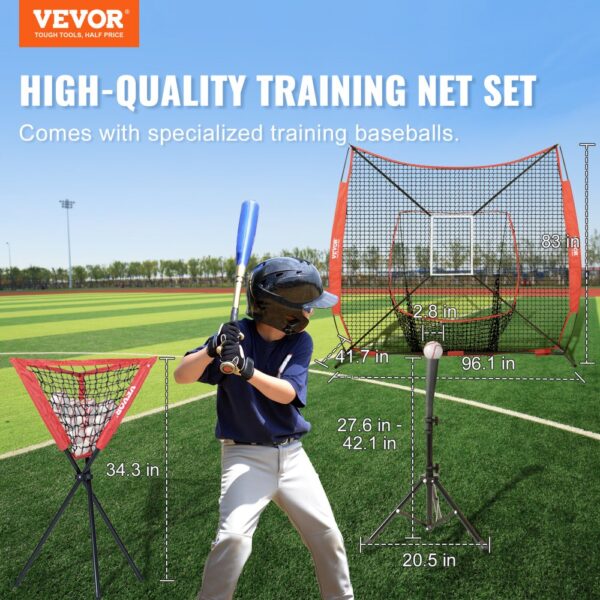 VEVOR baseball practice net set with measurements, player ready to hit, and training baseballs on a field.