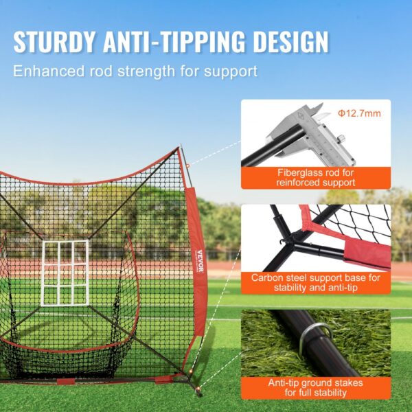 VEVOR baseball practice net with sturdy anti-tipping design, reinforced fiberglass rods, and ground stakes.