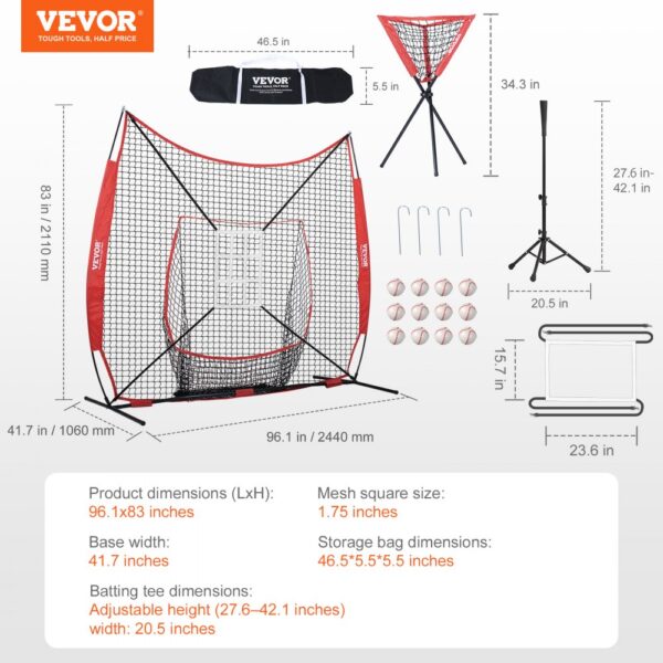 VEVOR baseball practice net with target, balls, batting tee, storage bag, and ground stakes.