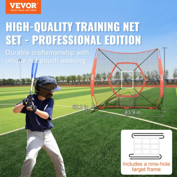 VEVOR 7x7 ft Baseball Softball Practice Net, Portable Baseball Training Net for Hitting Batting Catching Pitching, Backstop Baseball Equipment Training Aids with Bow Frame, Carry Bag, and Strike Zone