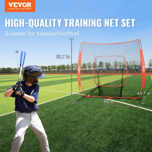 VEVOR baseball practice net set on grass field, child batter, red frame, 82.7in height, 84in width.