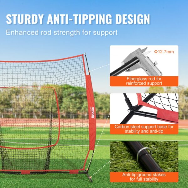 VEVOR baseball practice net with sturdy anti-tipping design, fiberglass rods, carbon steel base, and ground stakes.