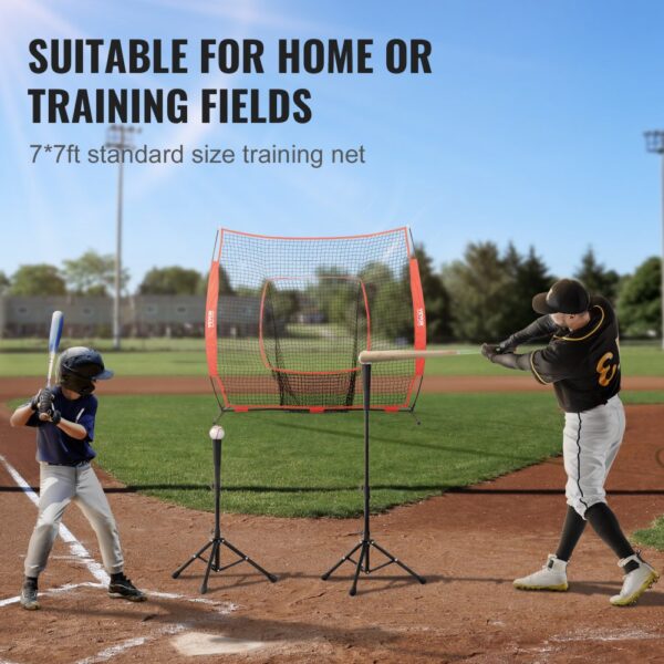 baseball players practicing with VEVOR baseball practice net on a sunny field, 7x7ft standard size.