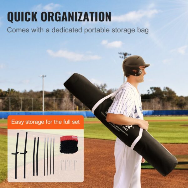 baseball player carrying VEVOR baseball practice net bag with storage components on a baseball field.