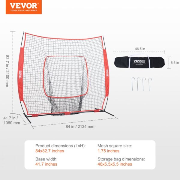 VEVOR baseball practice net with dimensions, mesh size, base width, and portable storage bag details.