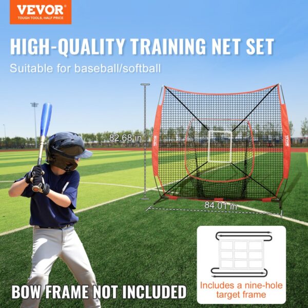 VEVOR baseball training net set on a baseball field, 84.01" wide and 82.68" tall, suitable for baseball/softball.