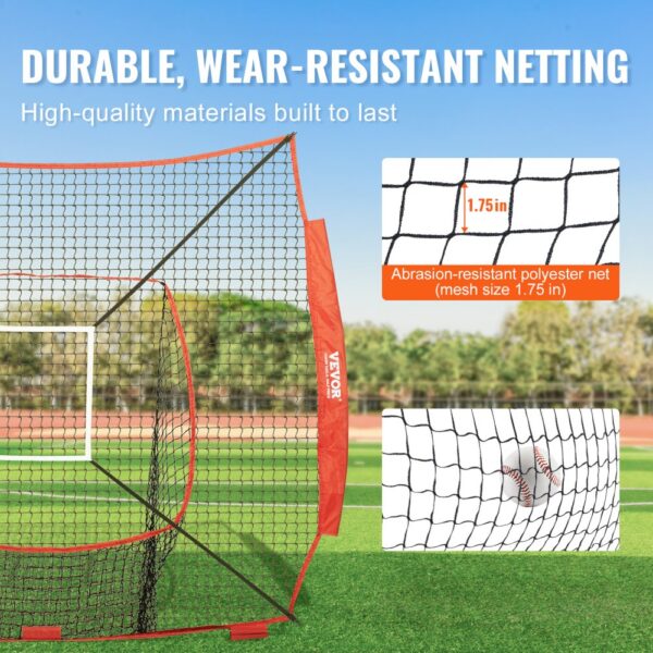 VEVOR baseball training net with durable, wear-resistant netting, 1.75in polyester mesh on a sports field.