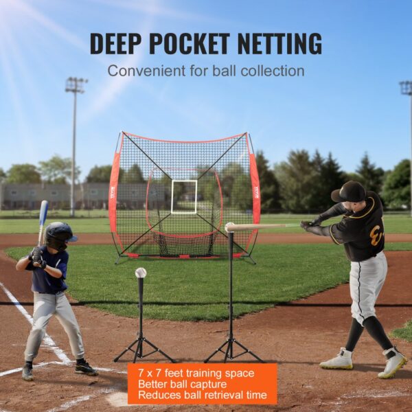 baseball players using VEVOR baseball training net with deep pocket netting on a sunny field.