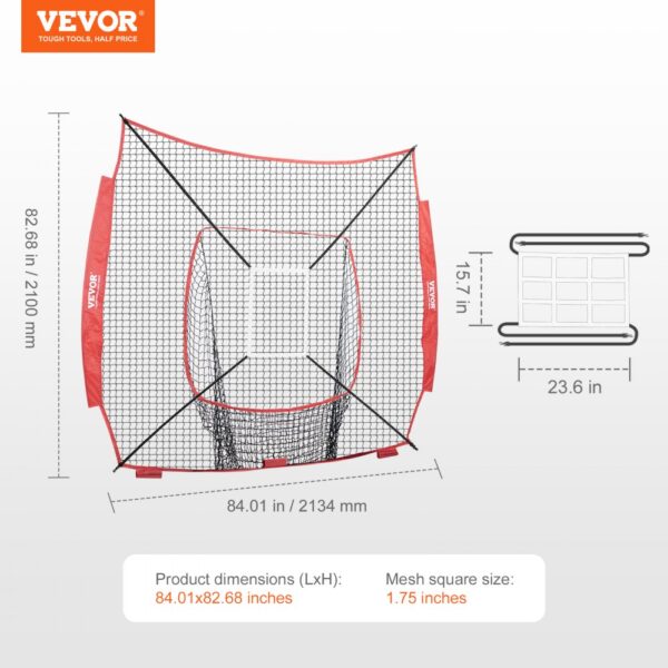 VEVOR baseball training net, 84.01x82.68 inches, mesh size 1.75 inches, red and black with labeled dimensions.