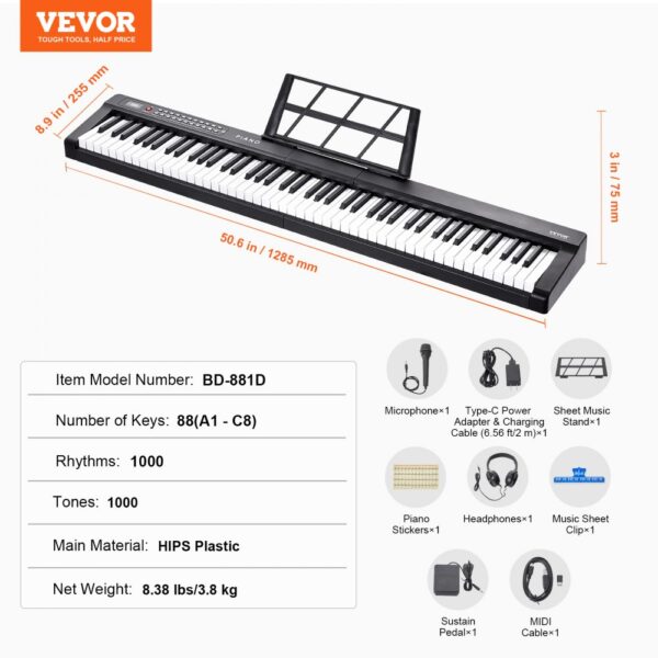 VEVOR 88 Key Digital Piano Keyboard Semi Weighted Full Size Electric Portable