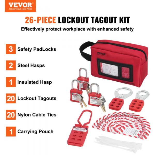 VEVOR electrical lockout tagout kit includes padlocks, hasps, tags, cable ties, and a carrying pouch.