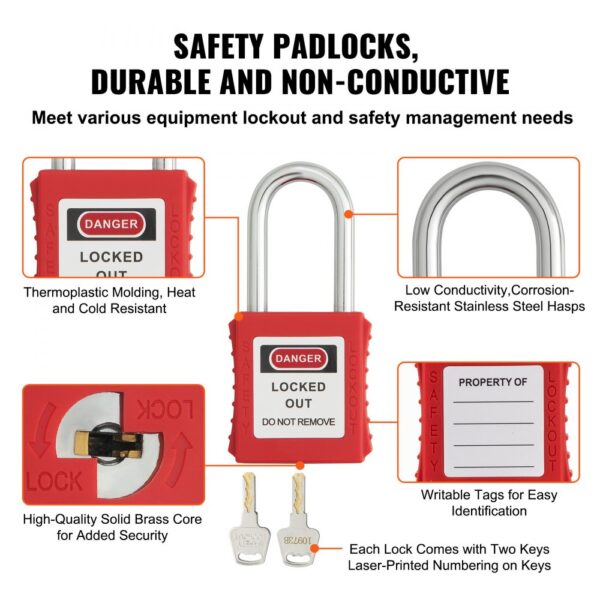 VEVOR electrical lockout tagout kit with durable, non-conductive safety padlocks and writable tags.