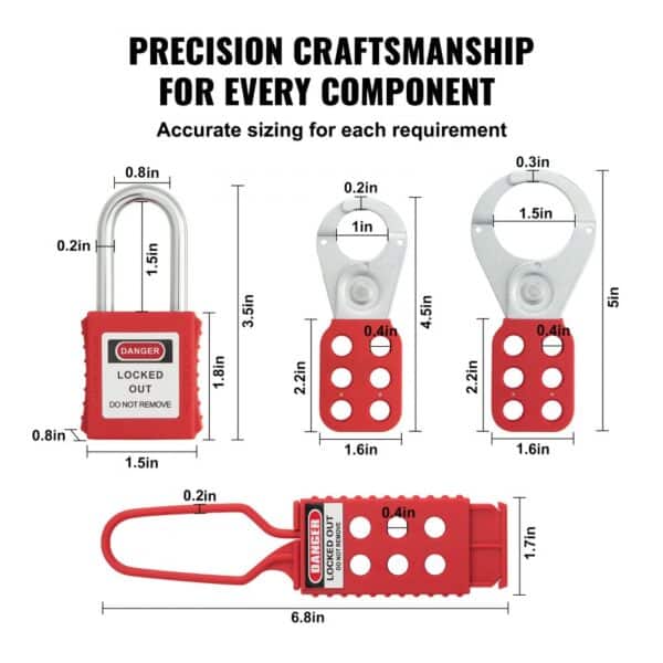 VEVOR electrical lockout tagout kit components with precise measurements for safety and compliance.