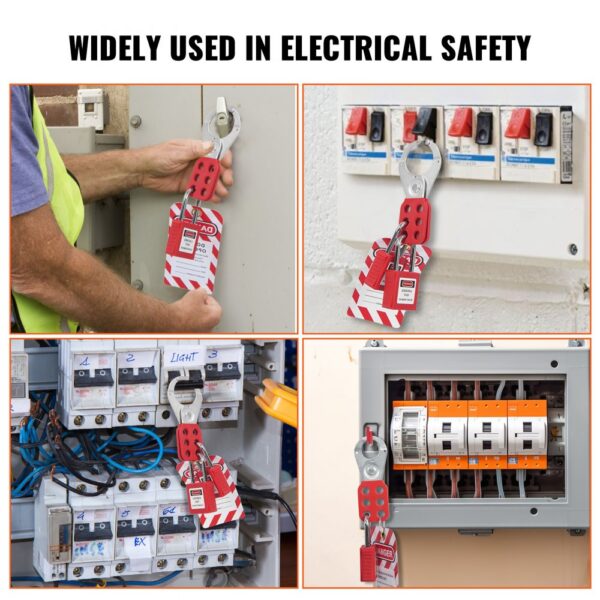 VEVOR electrical lockout tagout kit on various electrical panels ensuring safety and preventing accidents.