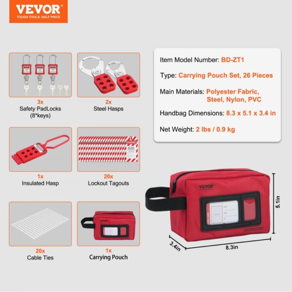 VEVOR electrical lockout tagout kit with safety padlocks, steel hasps, lockout tags, and carrying pouch.