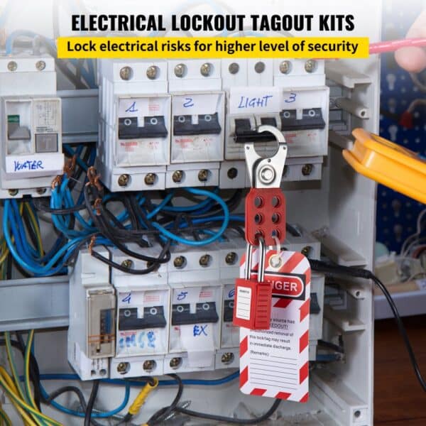 electrical panel with VEVOR lockout tagout kit securing circuit breakers for enhanced safety.