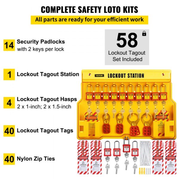 VEVOR lockout tagout kit with lockout station, 14 security padlocks, 4 hasps, 40 tags, and 40 zip ties.