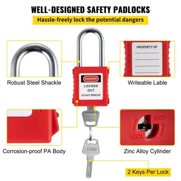 VEVOR lockout tagout kit with steel shackle, writeable label, zinc alloy cylinder, and pa body.