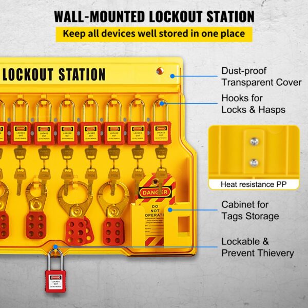 VEVOR lockout tagout kit wall-mounted lockout station with transparent cover, hooks, and tag storage.