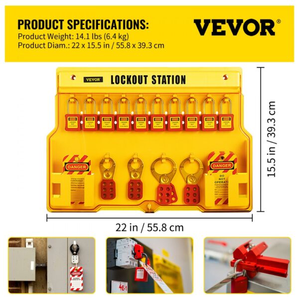 VEVOR lockout tagout kit with a yellow lockout station, multiple padlocks, hasps, and danger tags.