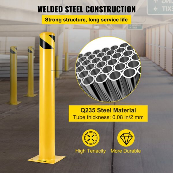 yellow VEVOR safety bollard in parking lot, showcasing q235 steel material.