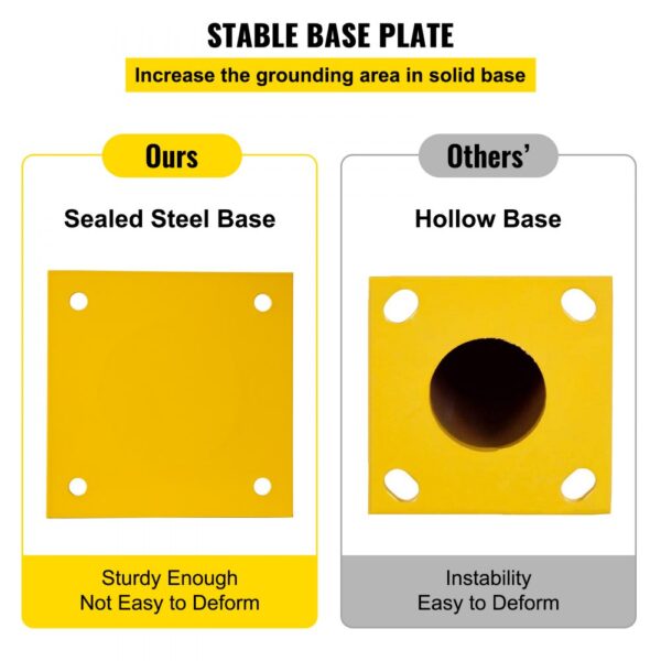 VEVOR safety bollard stable base comparison: sealed steel vs. hollow base.