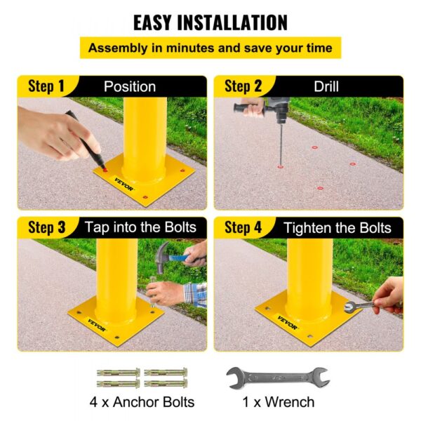 VEVOR safety bollard installation guide: position, drill, tap into bolts, tighten bolts.