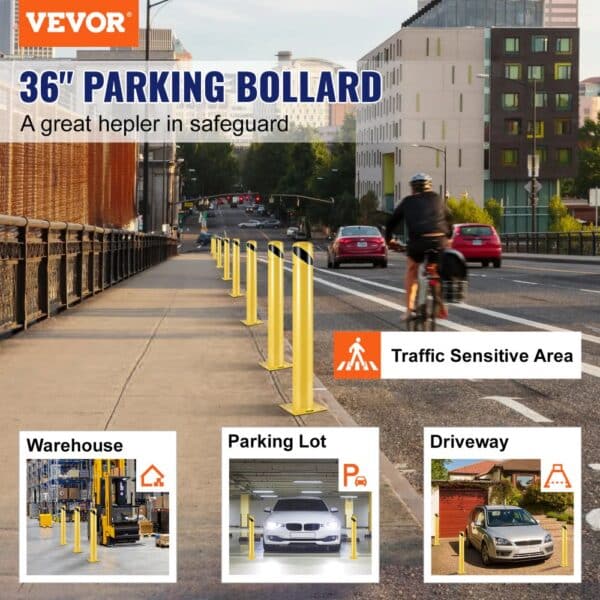 VEVOR safety bollard on a city street beside a traffic lane with additional usage examples.