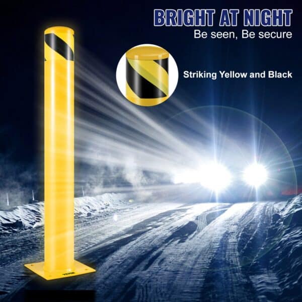 VEVOR safety bollard bright yellow with black stripes for night visibility.