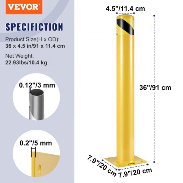 yellow VEVOR safety bollard, 36" height, 4.5" diameter, with protective black stripes.