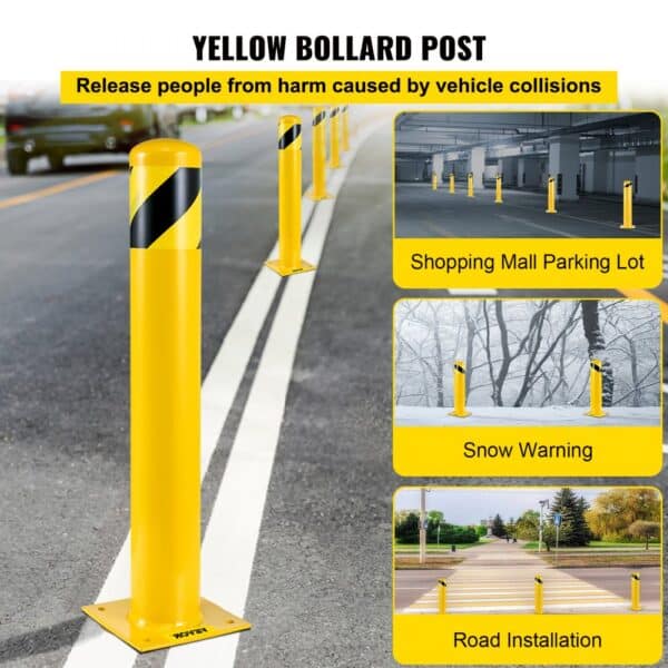 VEVOR steel safety bollard in yellow with black stripes for parking lot, snow, and road safety.