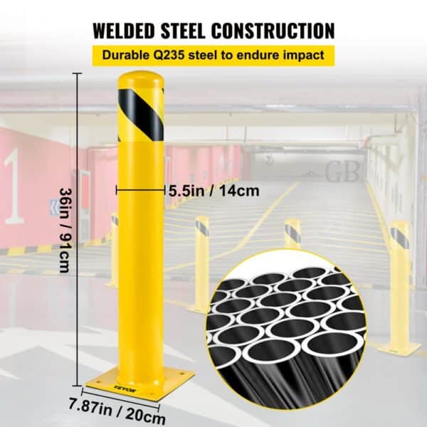 VEVOR steel safety bollard in yellow, 36in height, made from durable q235 steel.