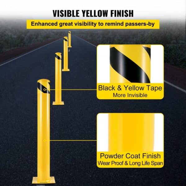 VEVOR steel safety bollard with visible yellow finish and black/yellow tape.