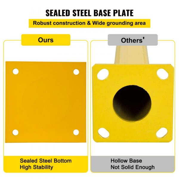 VEVOR steel safety bollard vs competitor, sealed steel base vs hollow base.