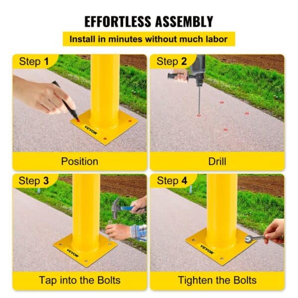 assembly steps for VEVOR steel safety bollard: position, drill, tap bolts, tighten bolts.