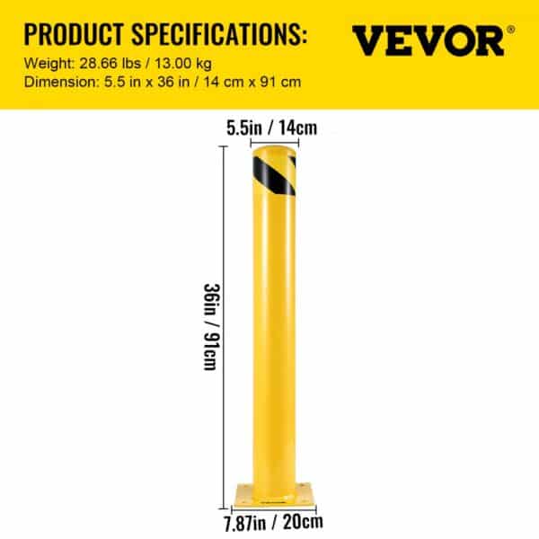 VEVOR steel safety bollard, 36in high, 5.5in wide, bright yellow with black stripes