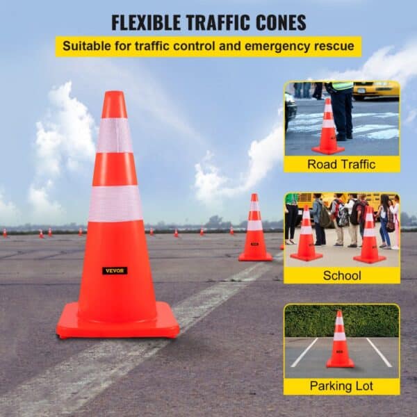 VEVOR safety cones for traffic control at roads, schools, and parking lots.