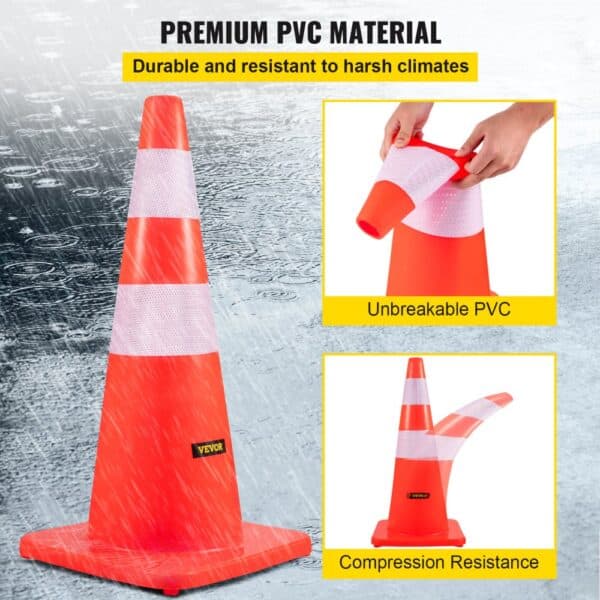 VEVOR safety cones are durable, resistant to harsh climates, and made from unbreakable pvc.