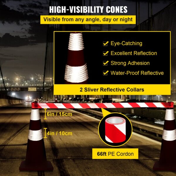 VEVOR safety cones with reflective collars and red-white tape for high visibility.