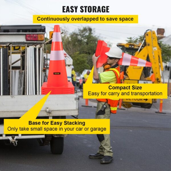 VEVOR safety cones compact size, easy stacking, continuously overlapped for easy storage