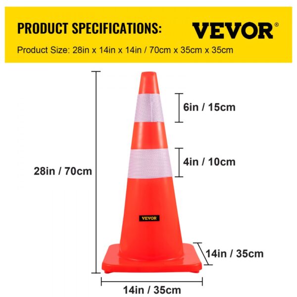 VEVOR safety cones, bright orange with reflective stripes, 28in tall and 14in base.