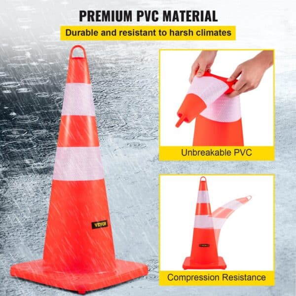 VEVOR traffic cones in rain, showcasing premium unbreakable pvc and compression resistance.