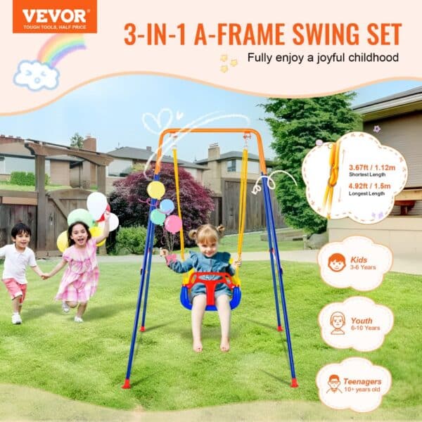 VEVOR swing sets 3-in-1 a-frame with children playing and balloons on a sunny day in a backyard.