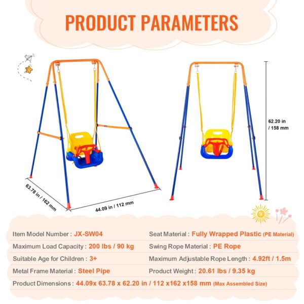 VEVOR swing sets kids model jx-sw04, steel frame, 200 lbs capacity, vibrant colors, dimensions listed.